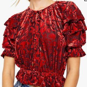 Free People Womens Velveteen Floral Crop Top Red M